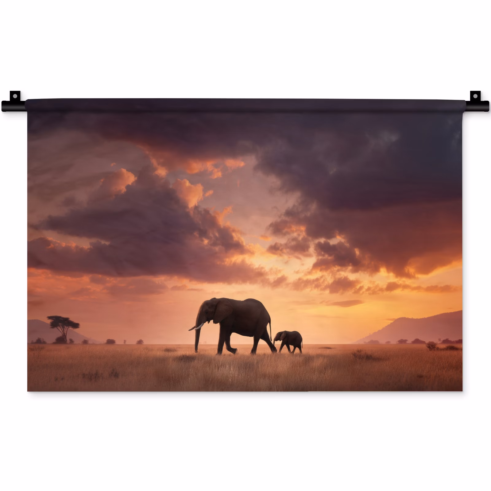 Wandkleed - Olifanten - Grasland - Zonsondergang — 1