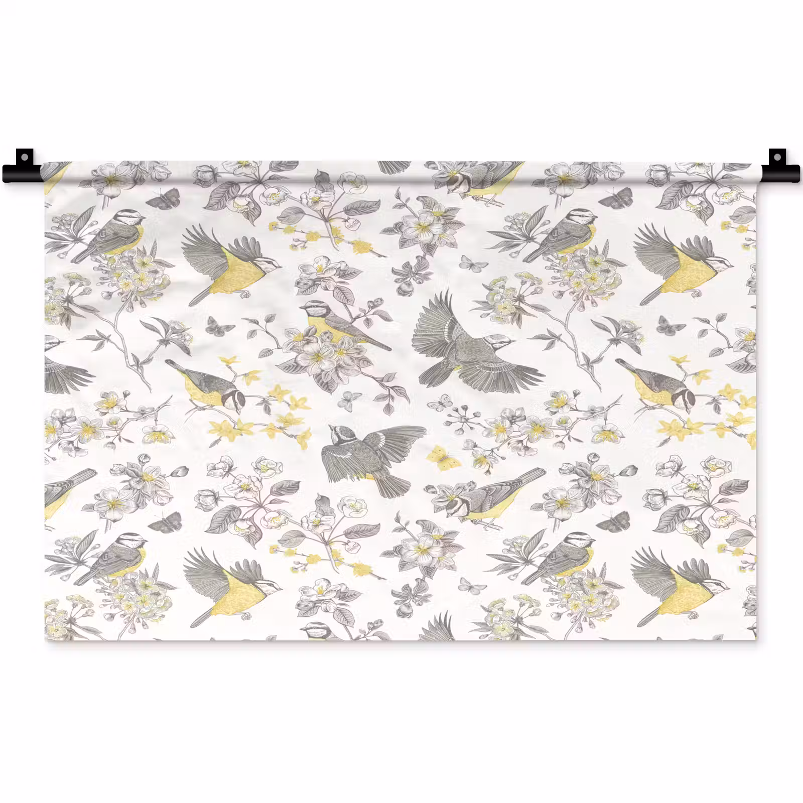 Wandkleed - Birds - Flowers - Gray - Yellow — 1
