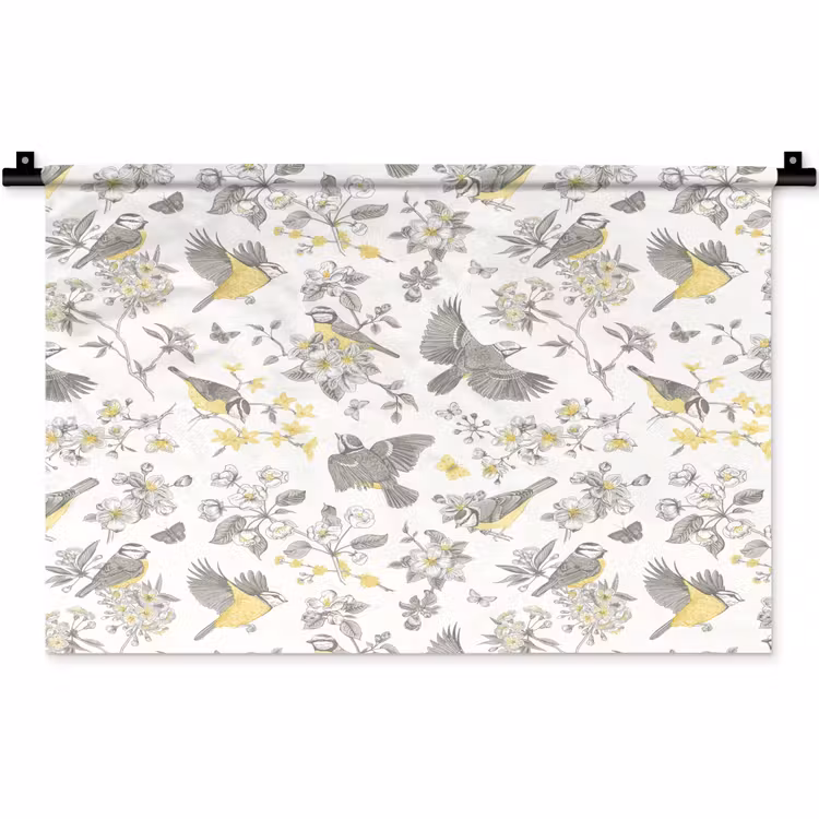 Wandkleed - Birds - Flowers - Gray - Yellow — 1