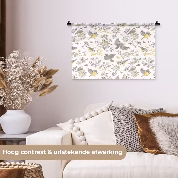 Wandkleed - Birds - Flowers - Gray - Yellow — 4