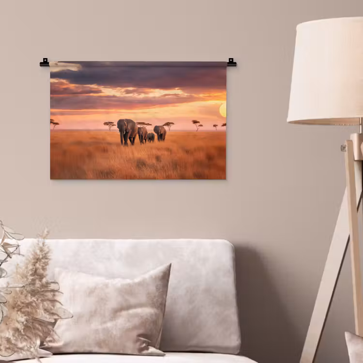 Wandkleed - Groep olifanten - Open vlakte - Zon — 2
