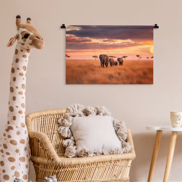 Wandkleed - Groep olifanten - Open vlakte - Zon — 5