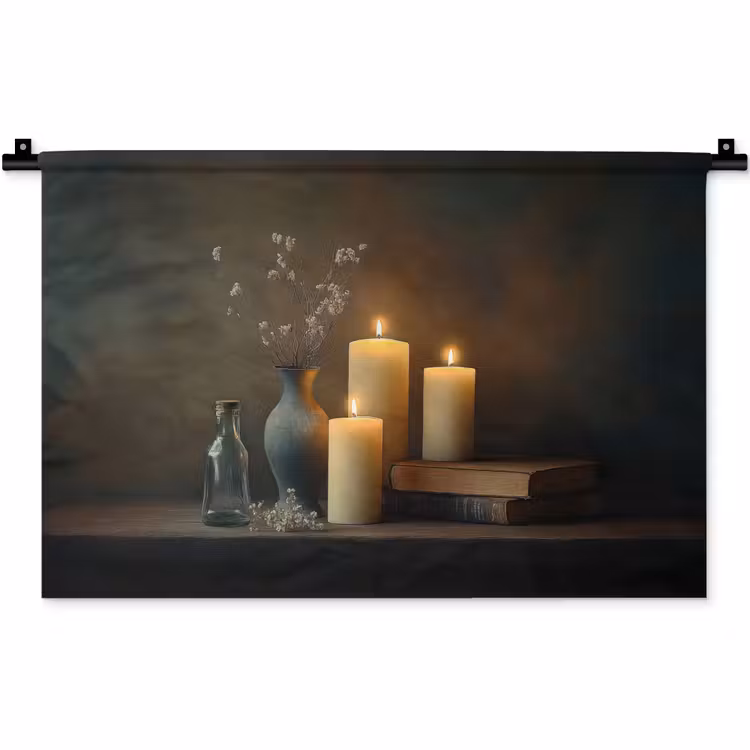 Wandkleed - Kaarsen - Stilleven - Rustiek - Boeken — 1
