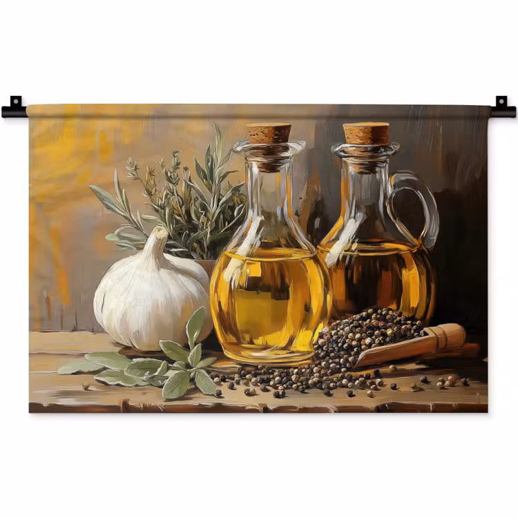Wandkleed - Stilleven - Olijfolie - Knoflook - Kruiden — 1