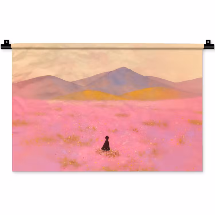 Wandkleed - Bloemenweide - Heuvels - Silhouet - Roze — 1