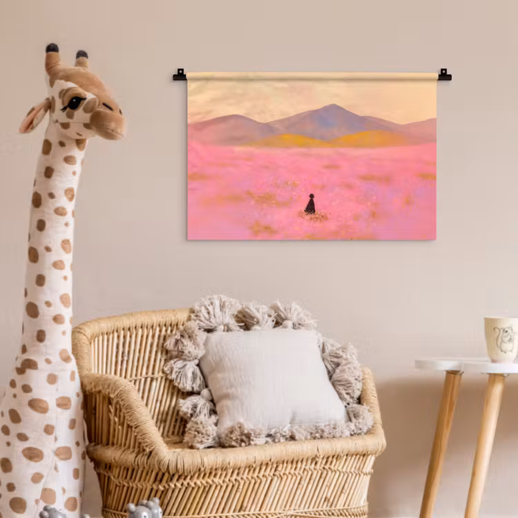 Wandkleed - Bloemenweide - Heuvels - Silhouet - Roze — 5