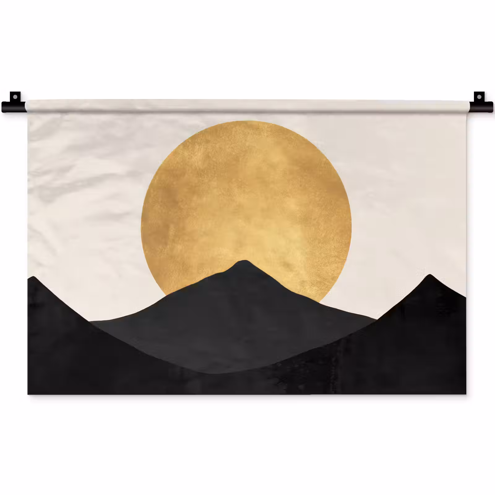 Wandkleed - Bergsilhouetten - Gouden cirkel - Beige — 1