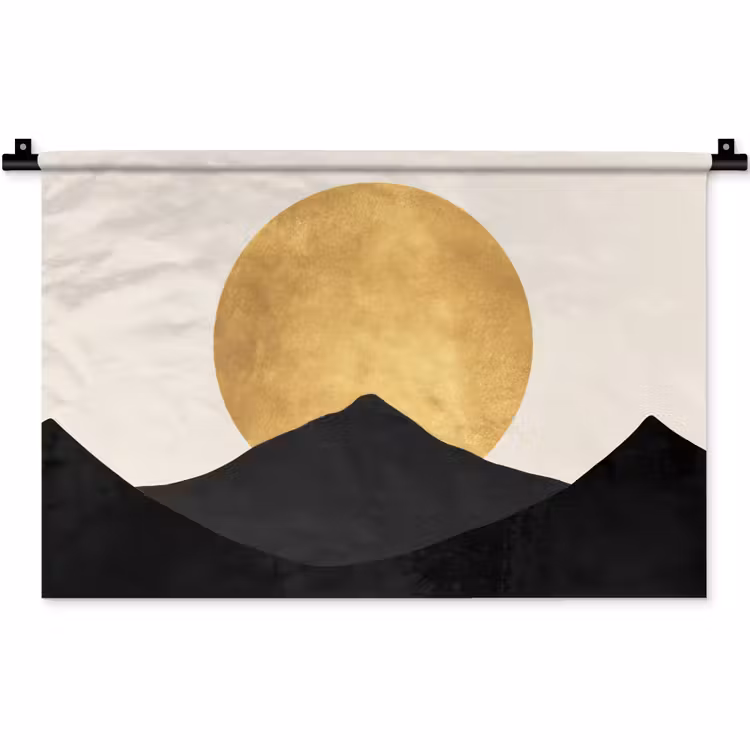 Wandkleed - Bergsilhouetten - Gouden cirkel - Beige — 1