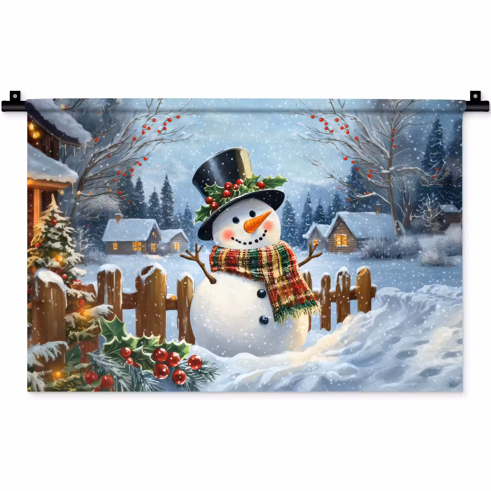 Wandkleed - Sneeuwpop - Winterdorp - Kleurrijk — 1