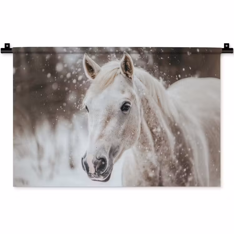 Wandkleed - Paard - Wit - Winter - Natuur - Sneeuw - Dieren — 1