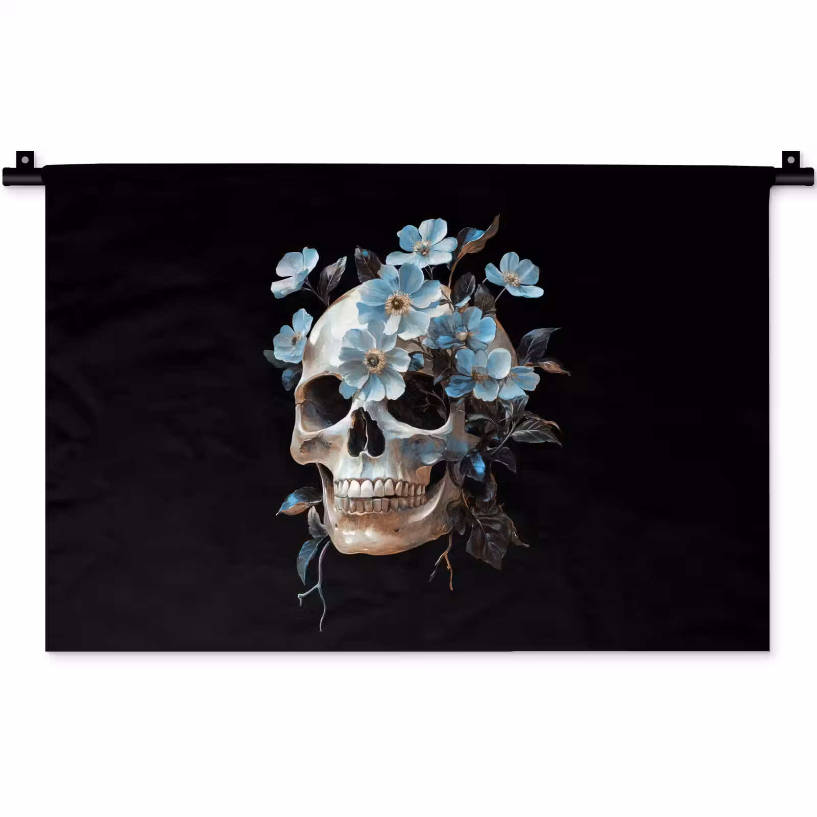 Wandkleed - Schedel - Blauw - Bloemen - Bladeren — 1