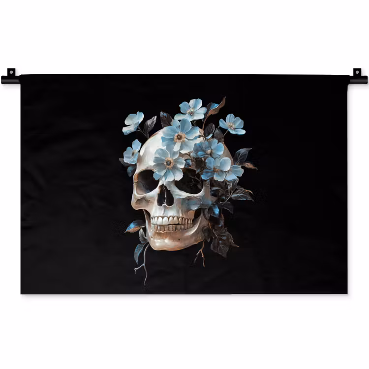 Wandkleed - Schedel - Blauw - Bloemen - Bladeren — 1