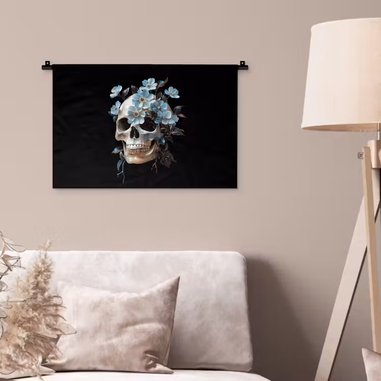 Wandkleed - Schedel - Blauw - Bloemen - Bladeren — 2