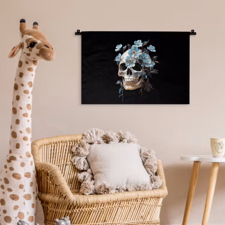 Wandkleed - Schedel - Blauw - Bloemen - Bladeren — 5
