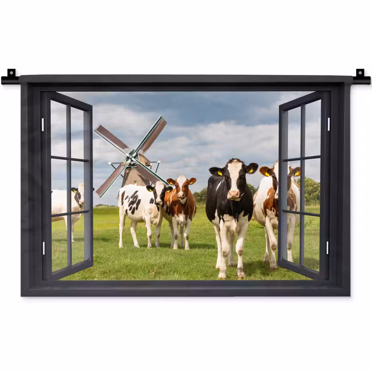 Wandkleed - Doorkijk - Koe - Molen - Koeien - Weiland - Gras - Groen — 1