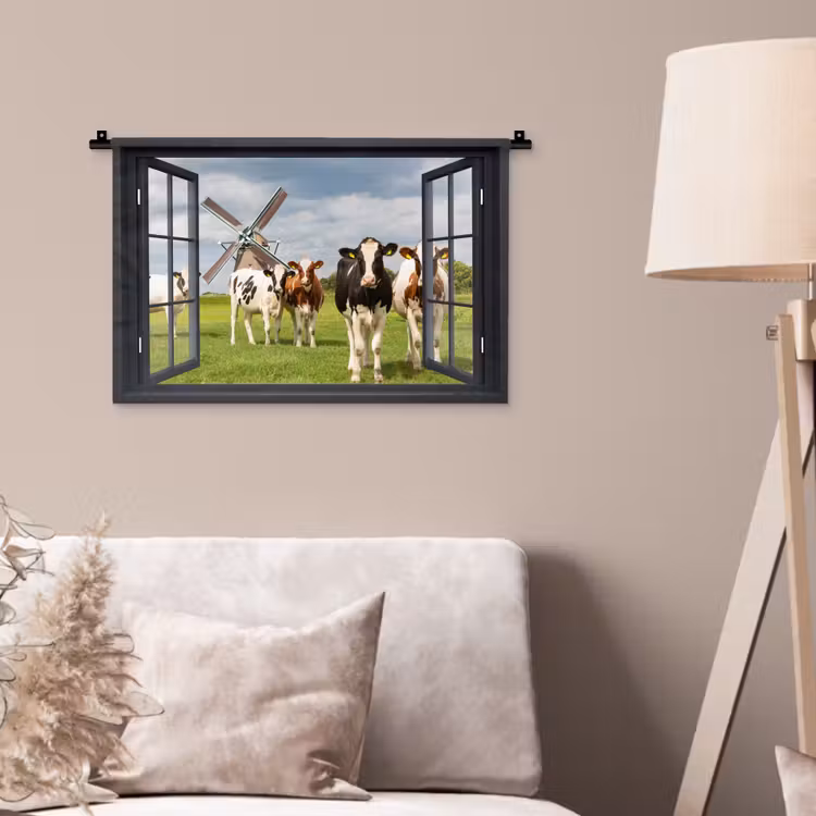 Wandkleed - Doorkijk - Koe - Molen - Koeien - Weiland - Gras - Groen — 2