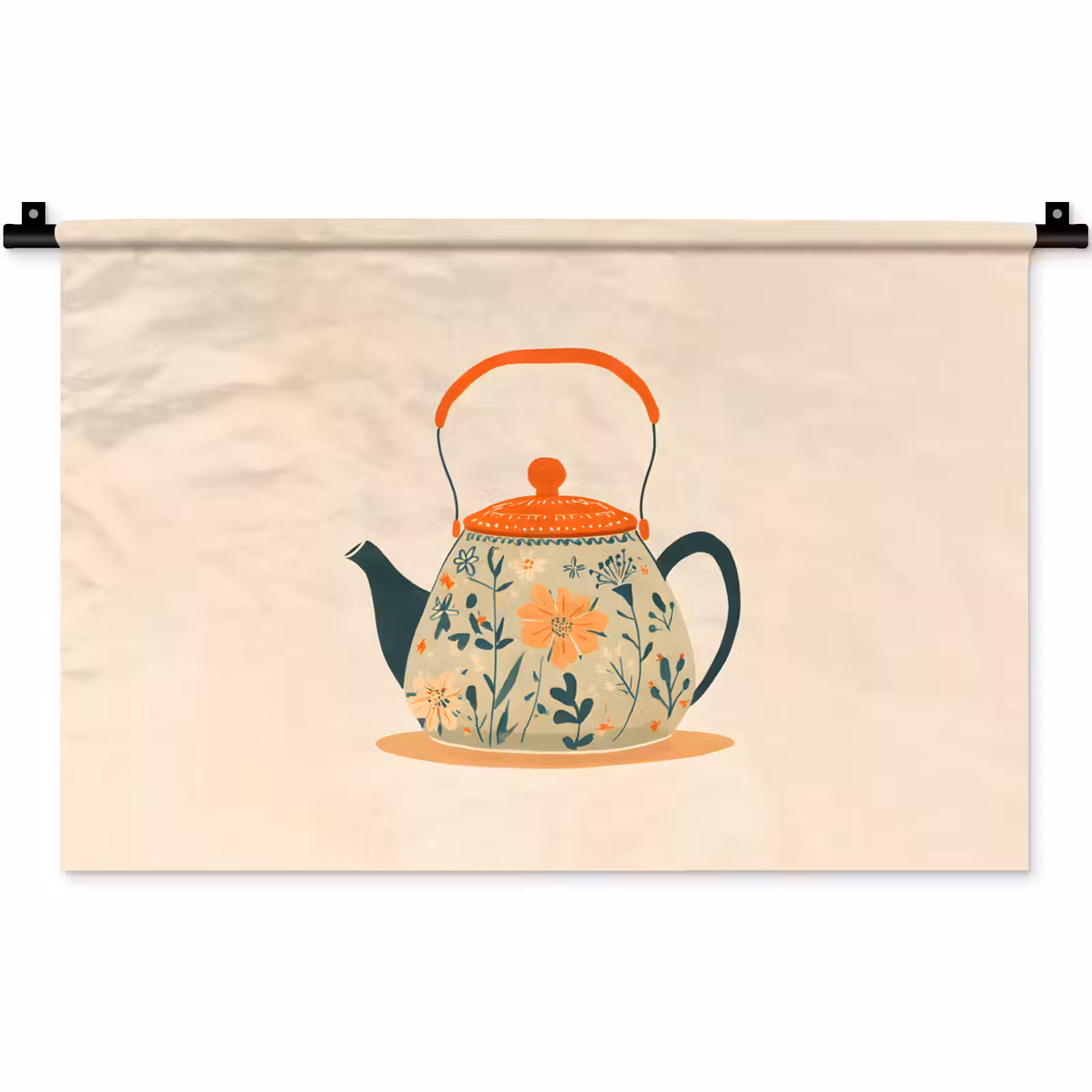 Wandkleed - Oranje - Theepot - Bloemen - Bladeren — 1