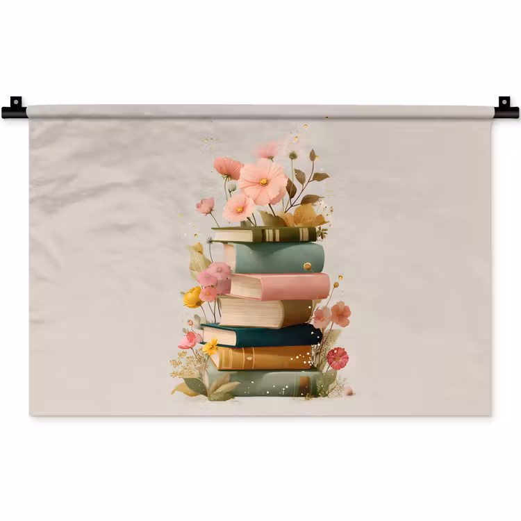 Wandkleed - Boeken - Stapel - Bloemen - Kleurrijk — 1