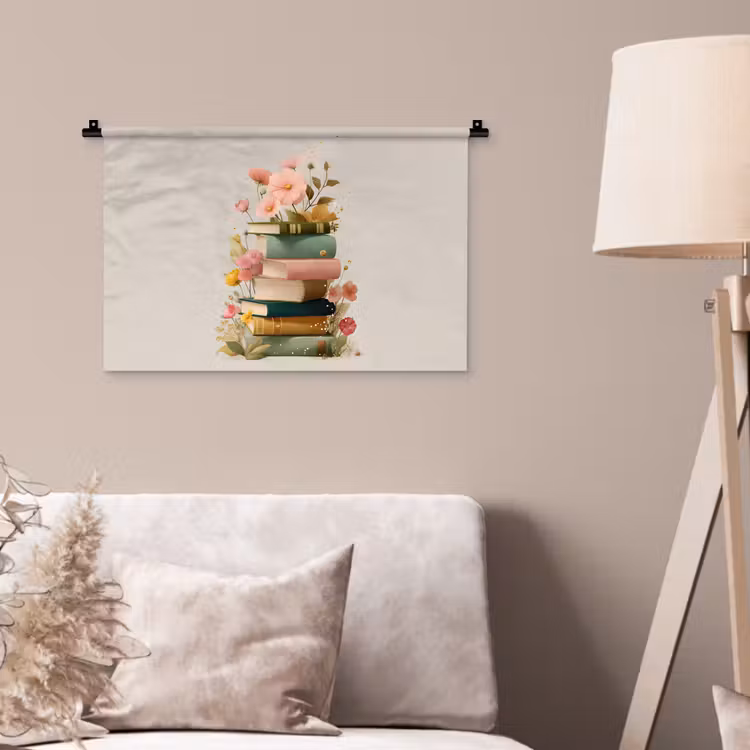 Wandkleed - Boeken - Stapel - Bloemen - Kleurrijk — 2