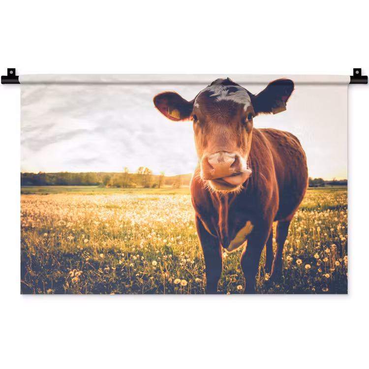 Wandkleed - Koe - Zonsondergang - Bloemen - Gras - Dieren — 1