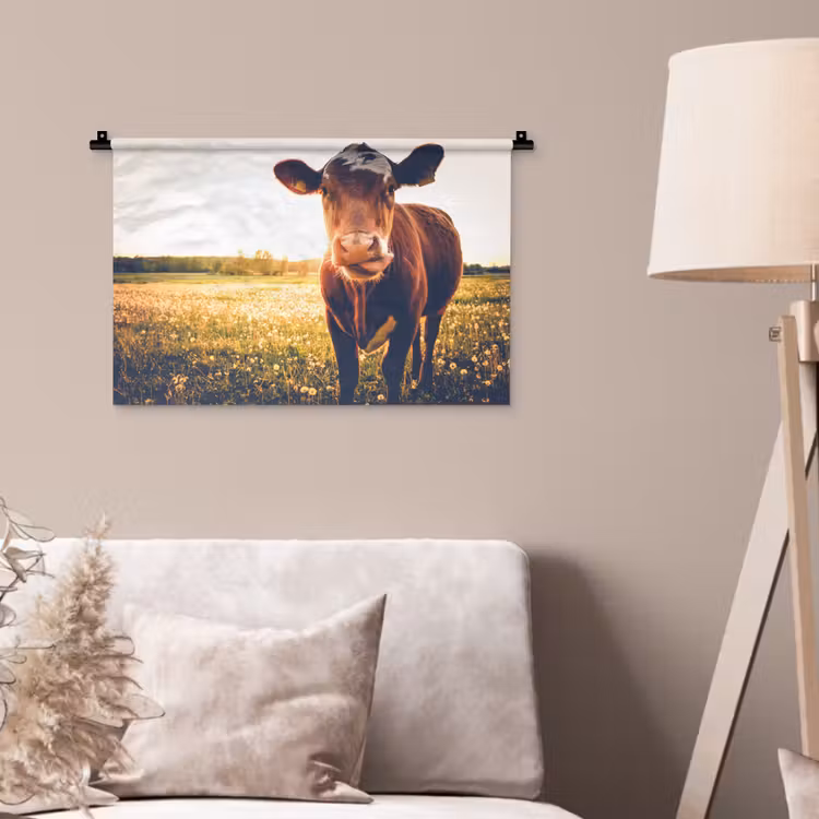 Wandkleed - Koe - Zonsondergang - Bloemen - Gras - Dieren — 2
