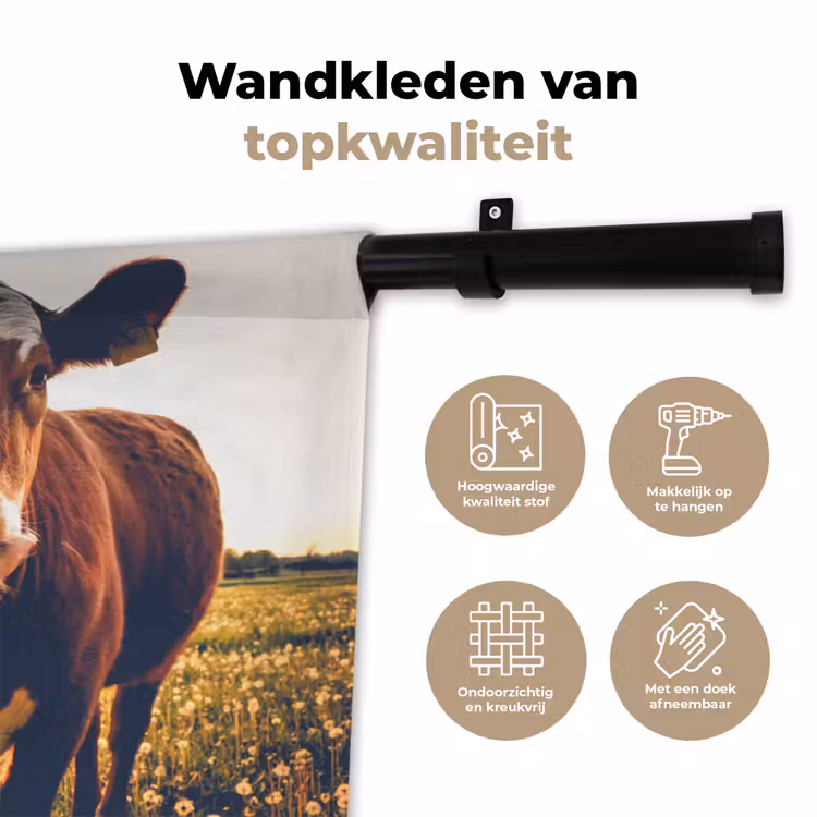 Wandkleed - Koe - Zonsondergang - Bloemen - Gras - Dieren — 3