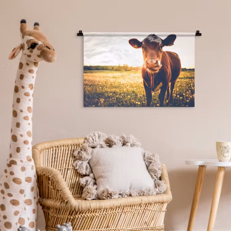 Wandkleed - Koe - Zonsondergang - Bloemen - Gras - Dieren — 5