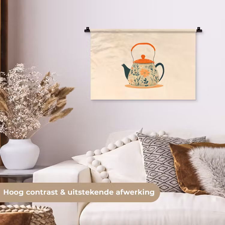 Wandkleed - Oranje - Theepot - Bloemen - Bladeren — 4