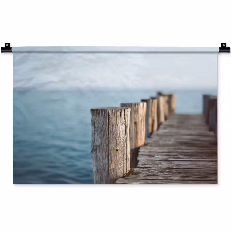 Wandkleed - Houten steiger - Helderblauwe lucht — 1