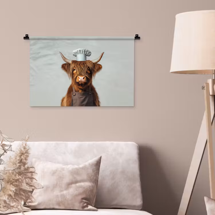 Wandkleed - Schotse Hooglander - Bruin - Hoorns - Kokskleding — 2