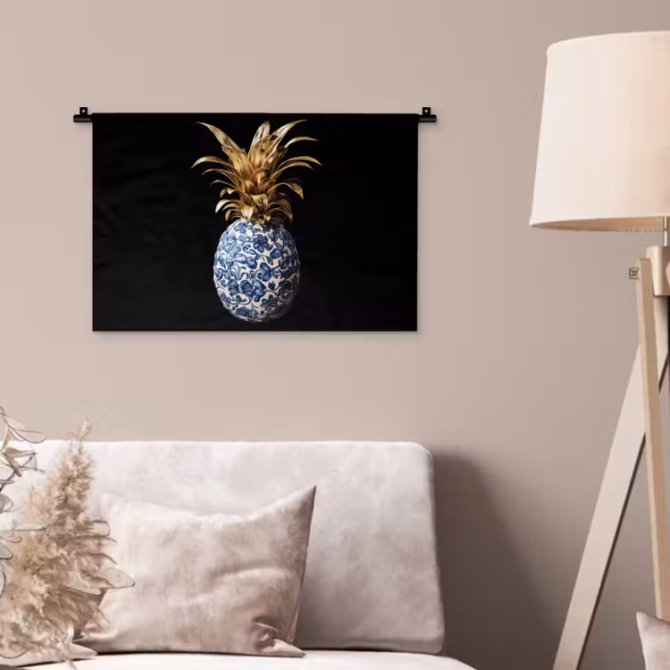 Wandkleed - Ananas - Bloemen patroon - Goud - Delftsblauw — 2