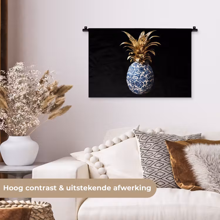 Wandkleed - Ananas - Bloemen patroon - Goud - Delftsblauw — 4