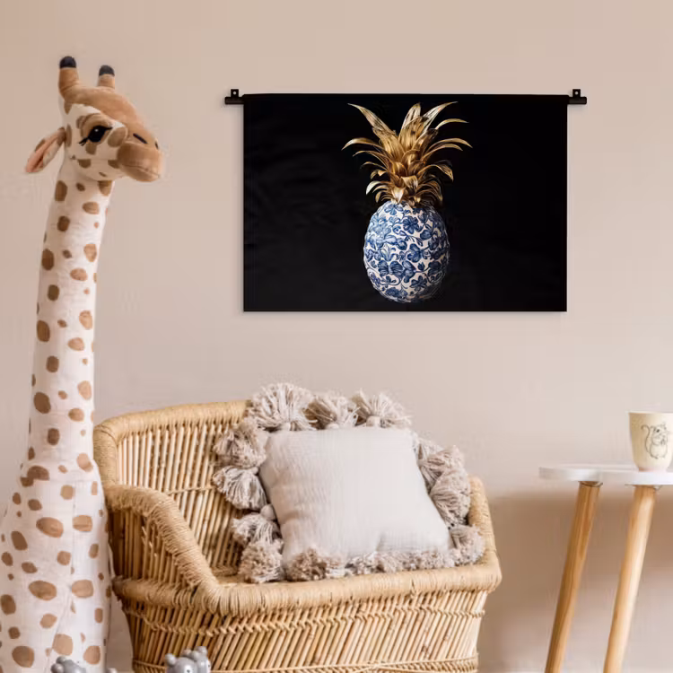 Wandkleed - Ananas - Bloemen patroon - Goud - Delftsblauw — 5