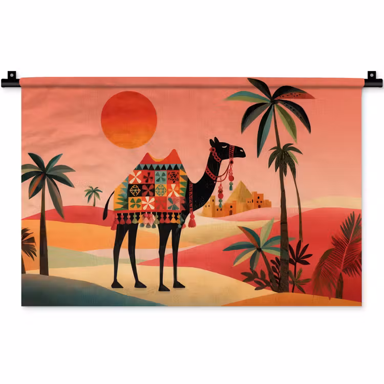 Wandkleed - Kameel - Gekleurd tapijt - Duinen - Rode zon — 1