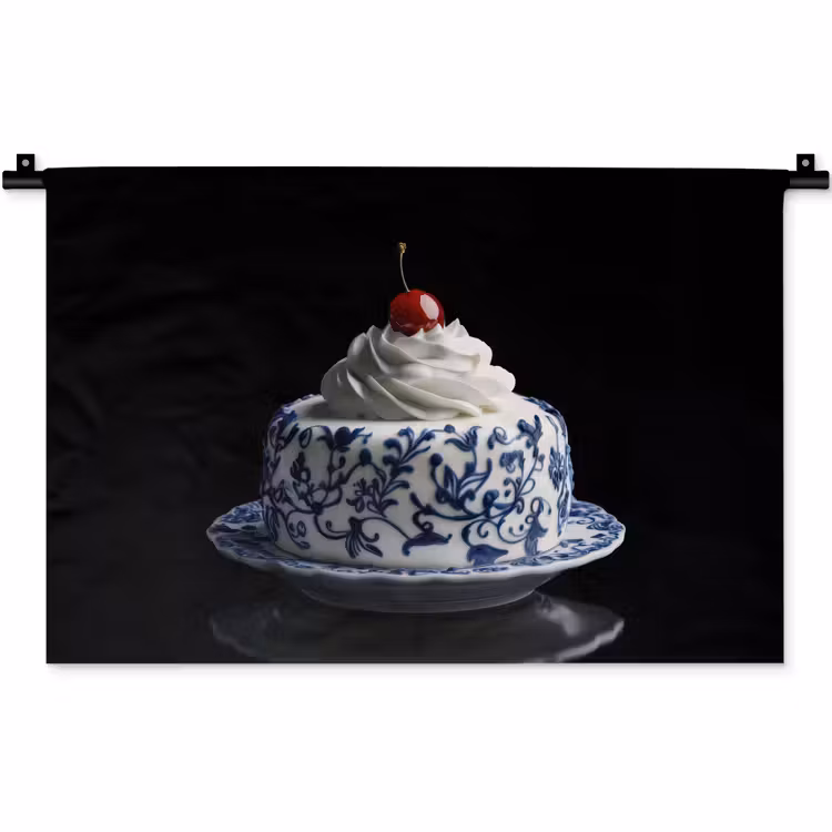 Wandkleed - Taart - Slagroom - Kers - Bord - Delfts blauw — 1