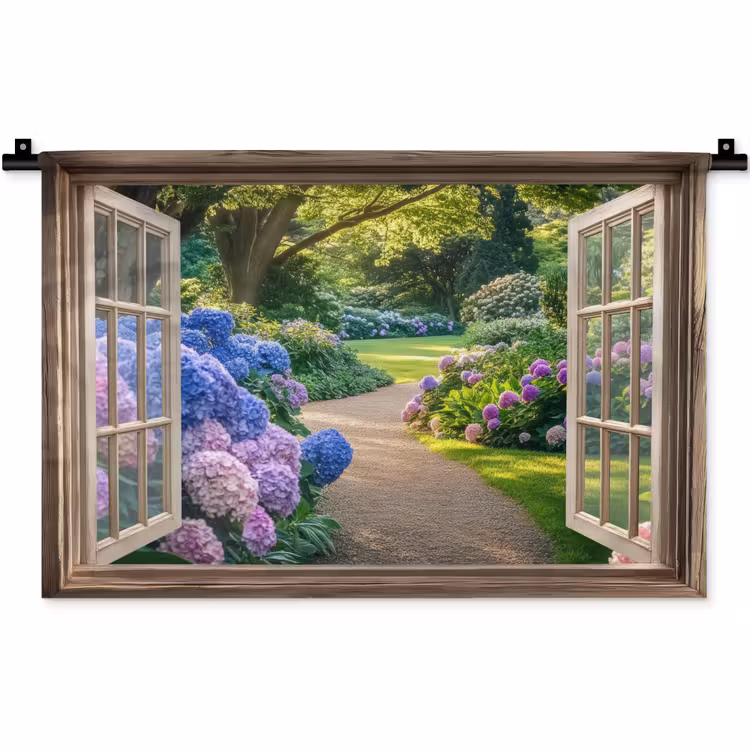 Wandkleed - Doorkijk - Tuin - Raam - Hortensia - Bloemen — 1