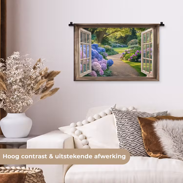 Wandkleed - Doorkijk - Tuin - Raam - Hortensia - Bloemen — 4
