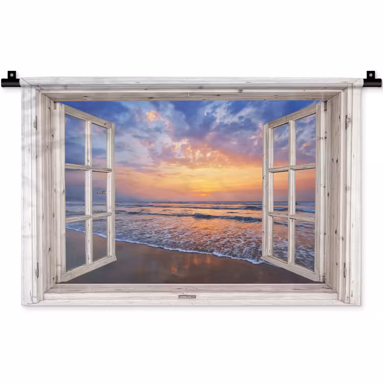 Wandkleed - Doorkijk - Zee - Strand - Zonsondergang - Blauw — 1