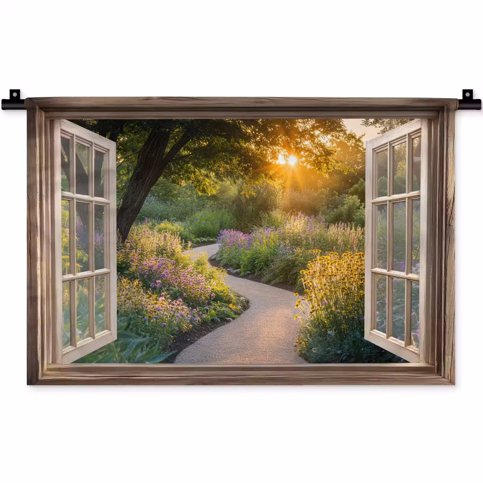 Wandkleed - Doorkijk - Bloemen - Natuur - Zon - Pad — 1