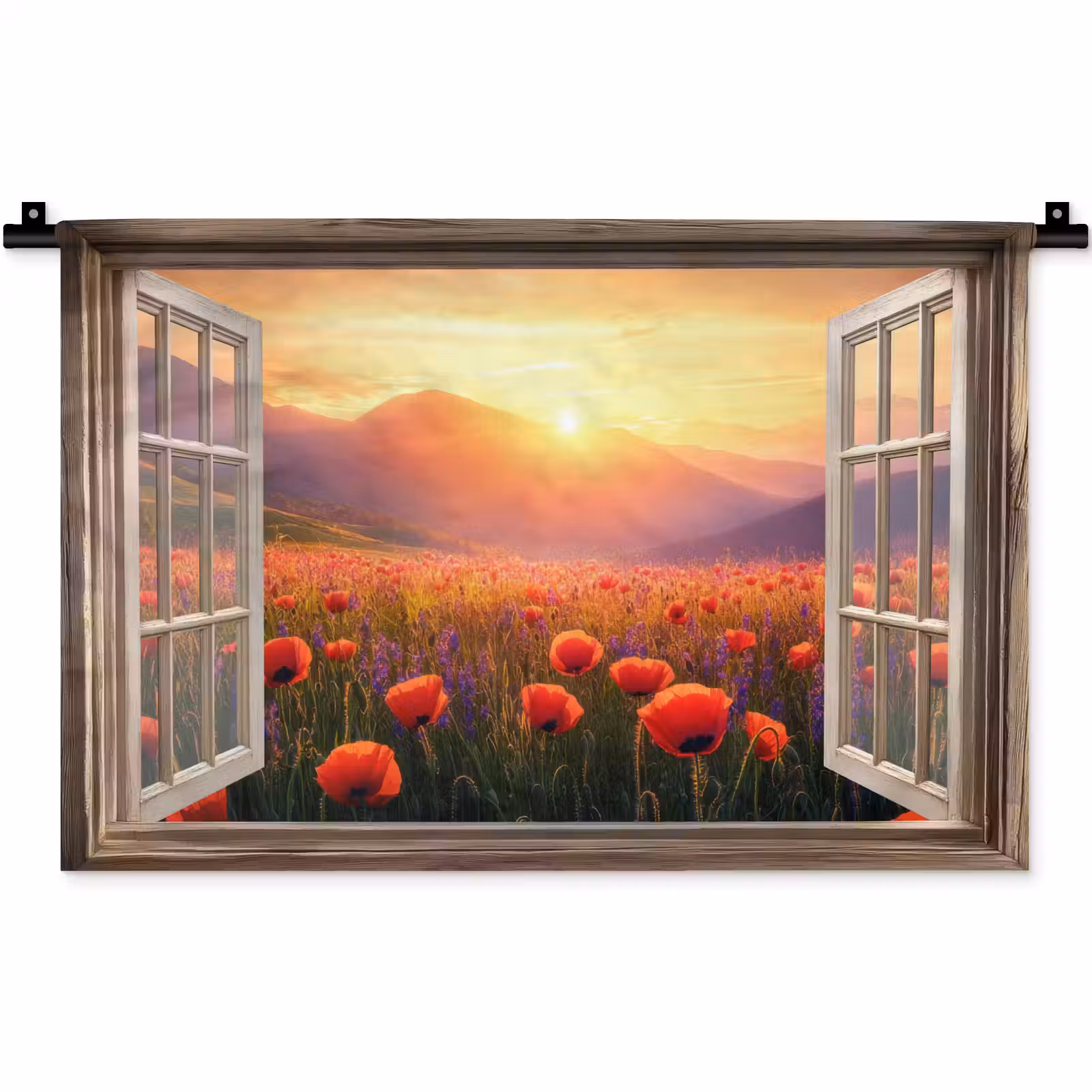 Wandkleed - Doorkijk - Klaprozen - Bloemen - Rood - Open raam — 1