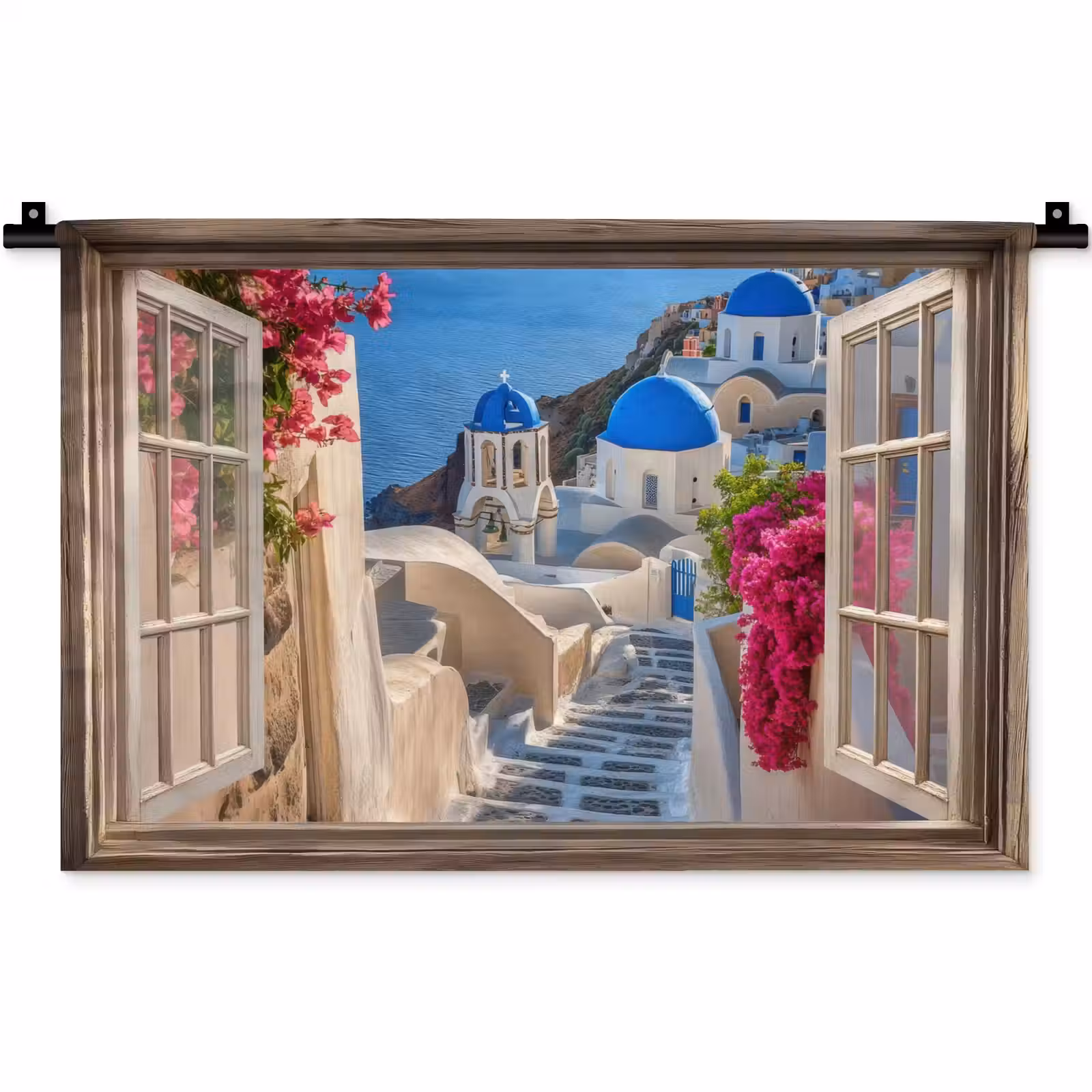 Wandkleed - Doorkijk - Santorini - Landschap - Blauw - Grieks — 1