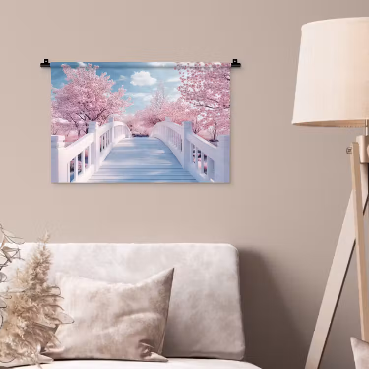 Wandkleed - Brug - Kersenbomen - Wit — 2