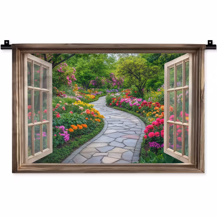 Wandkleed - Doorkijk - Bloemen - Tuinpad - Natuur - Raam — 1