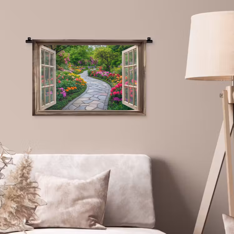 Wandkleed - Doorkijk - Bloemen - Tuinpad - Natuur - Raam — 2