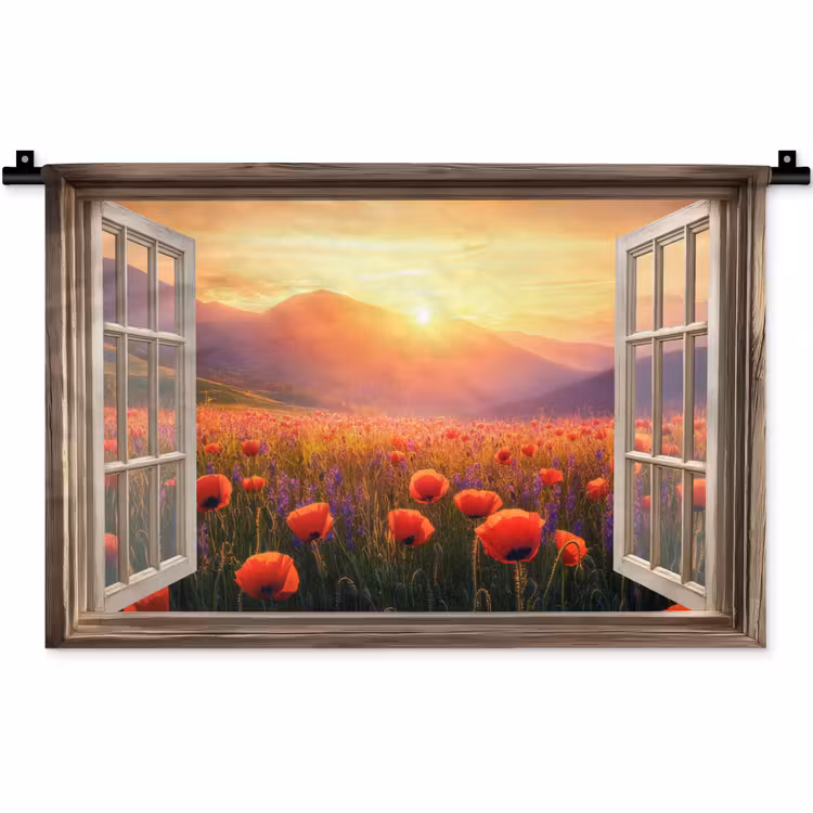 Wandkleed - Doorkijk - Klaprozen - Bloemen - Rood - Open raam — 1