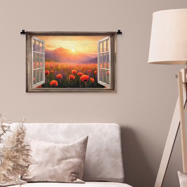Wandkleed - Doorkijk - Klaprozen - Bloemen - Rood - Open raam — 2