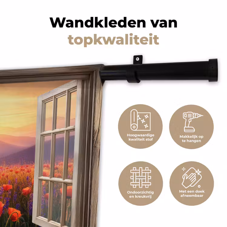 Wandkleed - Doorkijk - Klaprozen - Bloemen - Rood - Open raam — 3