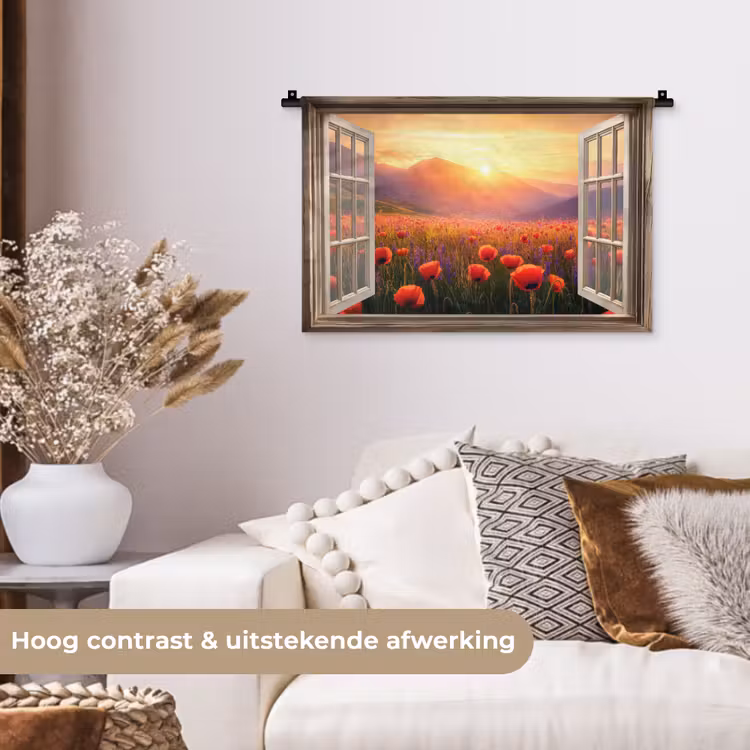 Wandkleed - Doorkijk - Klaprozen - Bloemen - Rood - Open raam — 4