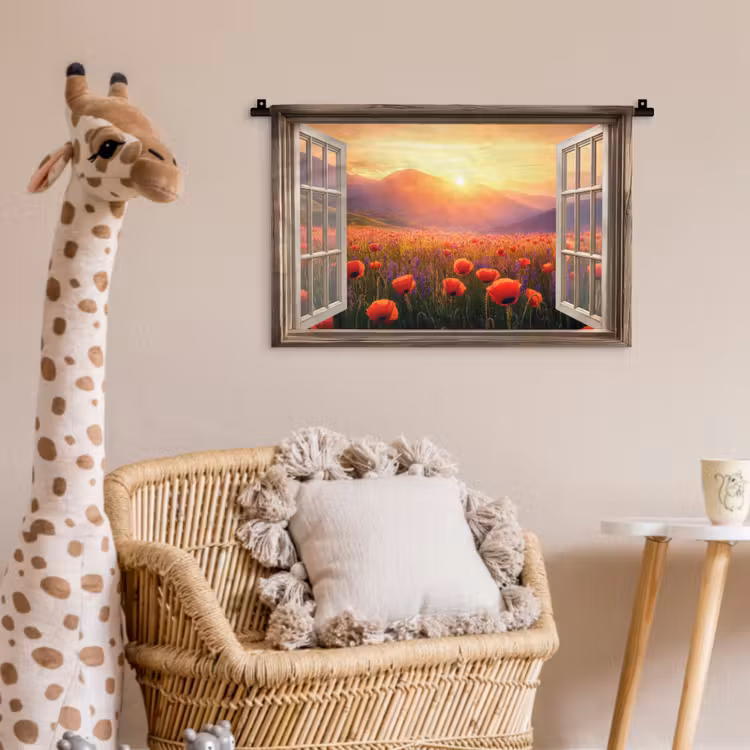 Wandkleed - Doorkijk - Klaprozen - Bloemen - Rood - Open raam — 5