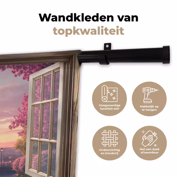 Wandkleed - Doorkijk - Parijs - Eiffeltoren - Roze - Kersenbloesem — 3